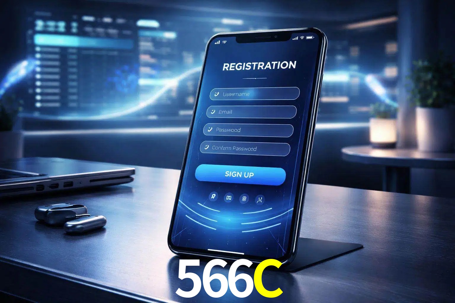 Una interfaz moderna de registro móvil para 566C mostrada en un smartphone con un panel de apuestas elegante.